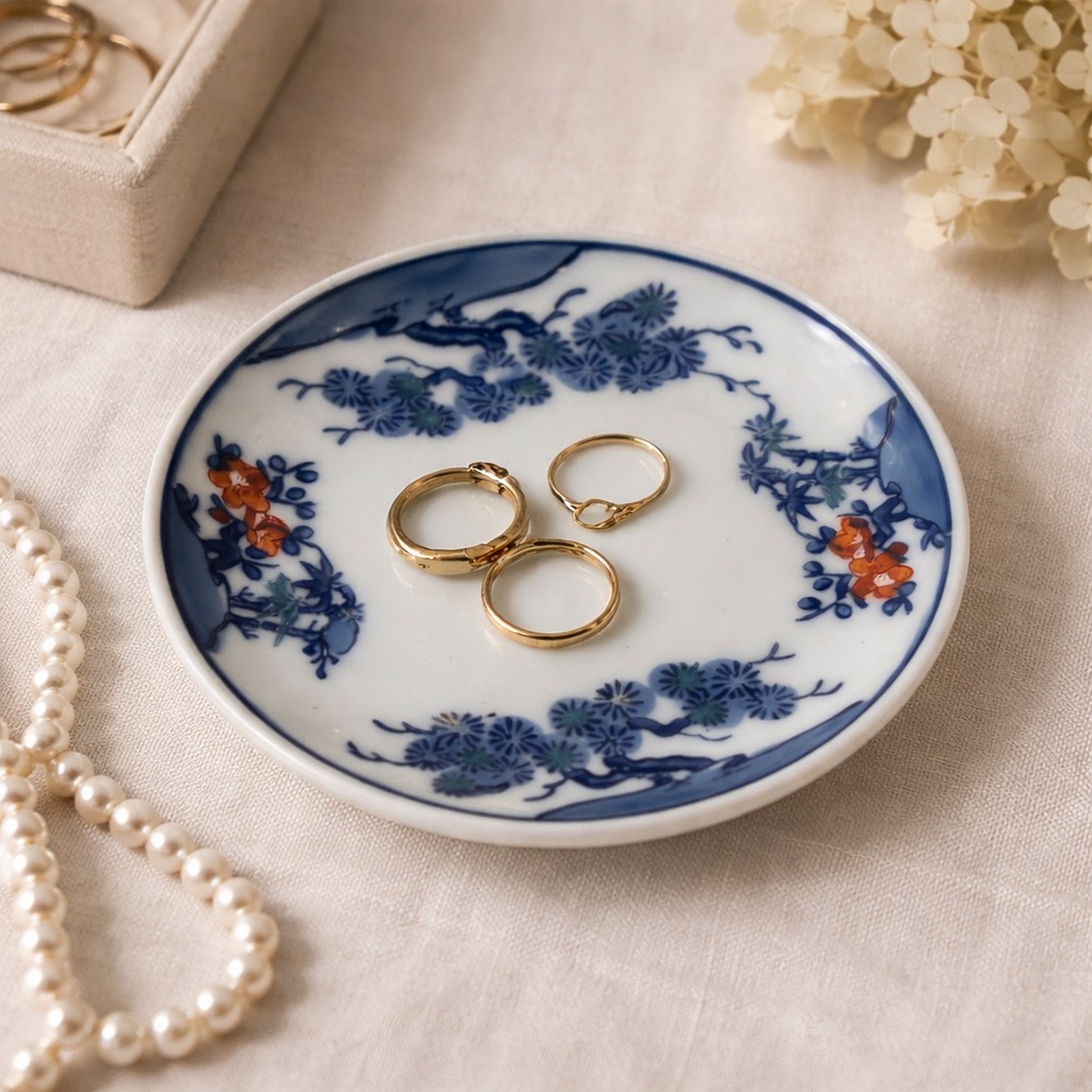 Hand Painted Blue & White Porcelain Trinket Dish Signed Asian Inspired 4”